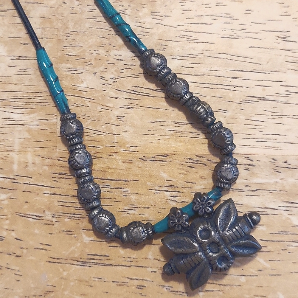 Vintage Necklace with Brass and Enameled Beads - 20 inches long